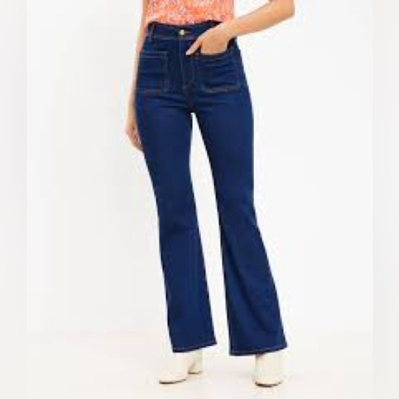 LOFT Patch Pocket High Rise Slim Flare Jeans Classic Mid Indigo Wash - Picture 2 of 11